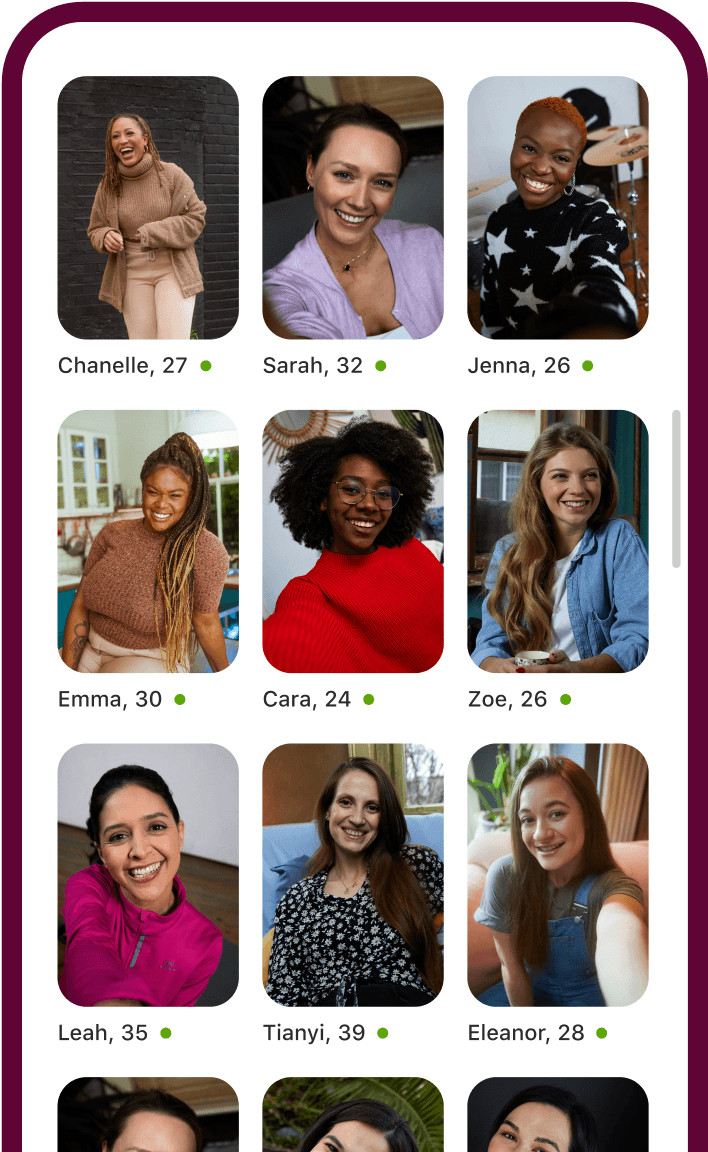Apl Badoo mempamerkan grid dengan pelbagai profil wanita.